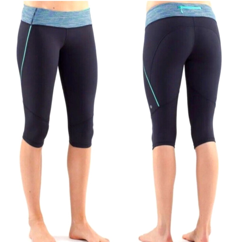 Lululemon Run Excel Cropped Leggings Charcoal Grey and Mint Green Womens Size‎ 6